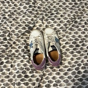 Golden Goose Super Star Sneakers With Lavender Glitter Heel Tab and Blue Star